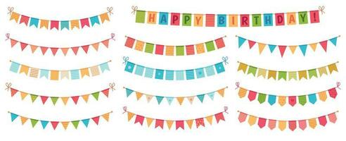 festa bunting. cor papel triangular bandeiras coletado e coberto dentro guirlandas, feliz aniversário Buntings desenho animado vetor conjunto