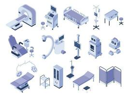 isométrico hospital ferramentas. médico diagnóstico equipamento, cuidados de saúde monitoramento e saúde Cuidado diagnóstico tecnologia 3d vetor conjunto