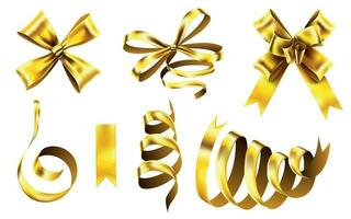 realista ouro arcos. decorativo dourado Favor fita, Natal presente invólucro arco e brilhante fitas 3d vetor ilustração conjunto