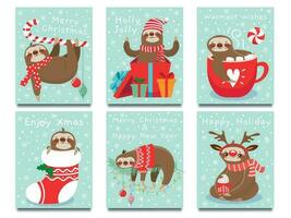 alegre Natal preguiçoso preguiça. feliz Novo ano fofa preguiçosos, natal preguiça e inverno feriados cumprimento cartão vetor ilustração