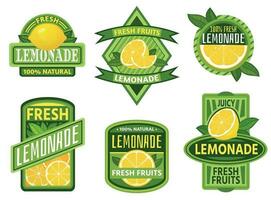 limonada Distintivos. limão beber emblema distintivo, fresco frutas limões suco vintage limonadas emblemas vetor conjunto