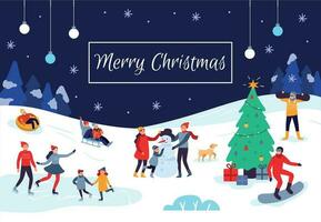 inverno pessoas alegre Natal cartão. neve Atividades, feliz crianças faço boneco de neve e natal feriado cartão postal vetor ilustração