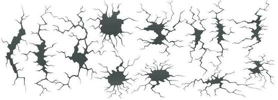 seco rachaduras. terra orifício rachadura, rachado craquelure e estragado parede textura vetor conjunto