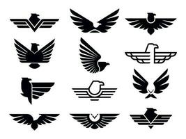 Águia símbolo. silhueta vôo águias emblema, alado crachá e liberdade Falcão asas estêncil vetor ícones agrupar