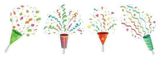 festa confete popper. explodindo aniversário celebração confete poppers e vôo Parabéns fitas desenho animado vetor conjunto