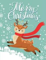 cumprimento cartão com natal cervo. alegre Natal cartão postal, fofa castanho e inverno feriados desenho animado vetor ilustração