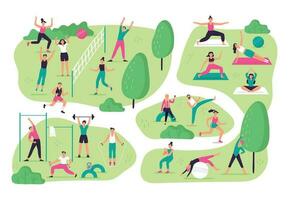 pessoas Faz Esportes dentro parque. ao ar livre esporte Atividades, grupo exercite-se e saudável estilo de vida vetor ilustração