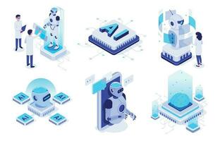 isométrico artificial inteligência. digital cérebro neural rede, ai servidores e robôs tecnologia vetor ilustração conjunto