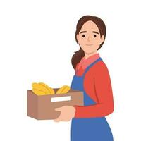 verdureiro vendendo frutas. jovem mulher segurando caixa do banana. vetor
