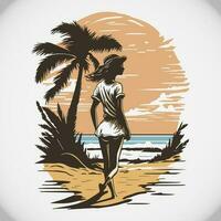 bonita menina caminhando dentro de praia às pôr do sol de praia verão ilustração vetor