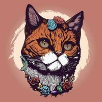 lindo gato e flor dentro verão outono ilustração vetor