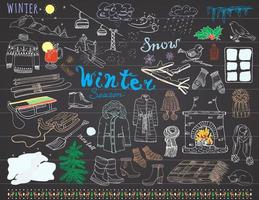 inverno season set doodles elementos desenhado à mão conjunto com vidro quente vinho botas roupas lareira montanhas esqui e trenó quente cobertor meias e chapéus e letras letras conjunto de desenho