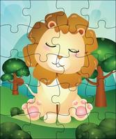 ilustração de jogo de quebra-cabeça para crianças com leão fofo vetor