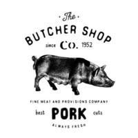 açougueiro emblema vintage produtos de carne de porco, estilo retrô de modelo de logotipo de açougue. design vintage para design de logotipo, etiqueta, emblema e marca. ilustração vetorial isolada no branco