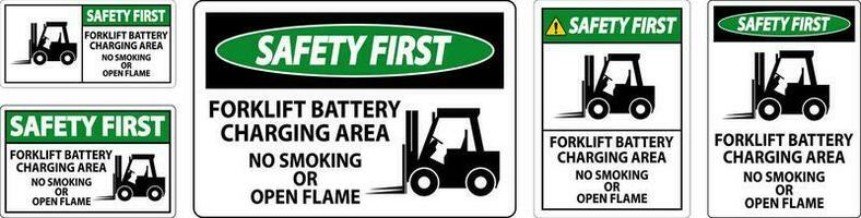 segurança primeiro placa empilhadeira bateria cobrando área, não fumar ou aberto chama vetor