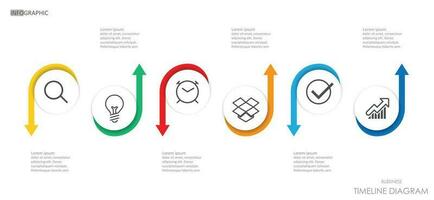 o negócio projeto círculo seta acima baixa Linha do tempo diagrama infográfico roteiro modelo para negócios. 6 degrau moderno Linha do tempo gráficos planejador diagrama calendário com apresentação vetor infográficos.