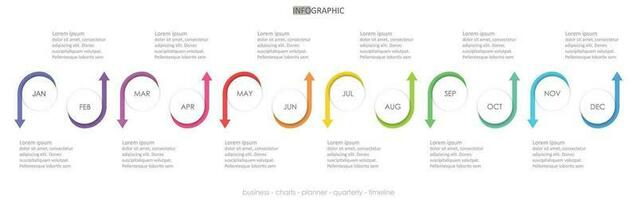 o negócio projeto círculo seta acima baixa Linha do tempo diagrama infográfico roteiro modelo para negócios. 12 mês moderno Linha do tempo gráficos planejador diagrama calendário com apresentação vetor infográficos.