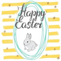 Feliz Páscoa cartão desenhado à mão com letras e esboços de elementos de doodle coelho fofo em forma de ovo de Páscoa na cor de fundo vetor