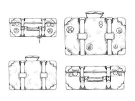 tinta mão desenhado vetor esboço. ilustração com conjunto do retro vintage velho malas bagagem Bagagem com adesivos e chave. Projeto para turismo, viagem, folheto, casamento, guia, imprimir, cartão, tatuagem.