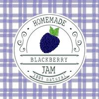 modelo de design de etiqueta de atolamento. para produto de sobremesa de blackberry com fundo e frutas esboçadas de mão desenhada. identidade da marca ilustração do doodle do vetor do blackberry