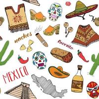 elementos de doodle de padrão sem emenda do México, esboço desenhado de mão chapéu sombrero tradicional mexicano, botas, poncho, garrafa de cacto e tequila, mapa do México, burrito, crânio. ilustração vetorial fundo vetor