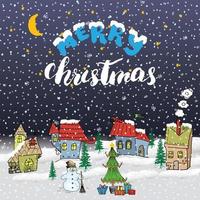 Feliz Natal mão desenhada doodle com pequenas casas, boneco de neve e árvore de Natal com caixas de presente. cartão de Natal ou modelo de design de convite. ilustração vetorial vetor