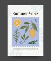 verão poster vintage estilo com tropical folhas, exótico fruta e libélula. verão poster ilustração vetor