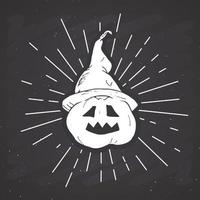 etiqueta vintage de cartão de saudação de halloween, esboço desenhado à mão de abóbora, distintivo retro texturizado de grunge, impressão de t-shirt com design de tipografia, ilustração vetorial no fundo do quadro vetor