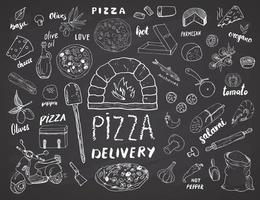Pizza menu mão desenhada conjunto de esboço. preparação e entrega de pizza doodles com farinha e outros ingredientes alimentares, forno e utensílios de cozinha, scooter, modelo de design de caixa de pizza. ilustração vetorial vetor