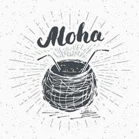 rótulo vintage, coco desenhado à mão com letras aloha, modelo de emblema retrô texturizado grunge, ilustração em vetor design tipografia