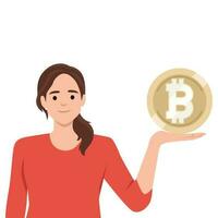criptomoeda e bitcoin dinheiro conceito, lindo mulher segurando bitcoin, financeiro e investimento dentro digital de ativos vetor