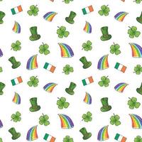 dia de São Patrício desenhado à mão doodle padrão sem emenda, com chapéu de duende, arco-íris, trevo de quatro folhas, bandeira da Irlanda de fundo de ilustração vetorial. vetor