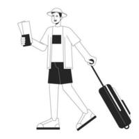 indo em período de férias bw vetor local ilustração. ásia viajante carregando Bagagem 2d desenho animado plano linha monocromático personagem para rede ui Projeto. aeroporto viajando editável isolado esboço herói imagem