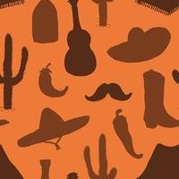 elementos de doodle de padrão sem emenda do México, silhueta de esboço desenhado de mão chapéu sombrero tradicional mexicano, bota, poncho, garrafa de cacto e tequila, pimenta, guitarra. ilustração vetorial fundo vetor