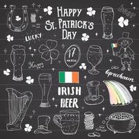 Conjunto de doodle desenhado à mão do dia de São Patrício, com duende, pote de moedas de ouro, arco-íris, cerveja, trevo de quatro folhas, ferradura, harpa celta e ilustração vetorial da bandeira da Irlanda no fundo do quadro-negro vetor