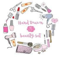 mão desenhada coleção de maquiagem, cosméticos e itens de beleza, com escovas de cabelo, secadores, batom e ilustração de unhas isoladas vetor