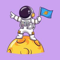 fofa astronauta segurando bandeira em lua desenho animado vetor ícone ilustração. Ciência tecnologia ícone conceito isolado Prêmio vetor plano desenho animado estilo.