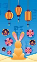 cartaz feliz do festival do meio do outono com coelho e flores vetor