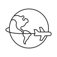 avião voando ao redor do planeta com o ícone de estilo de linha do continente américa vetor