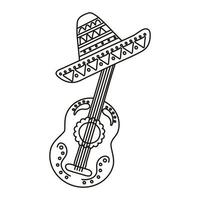 guitarra com ícone de estilo de linha tradicional de chapéu mexicano vetor