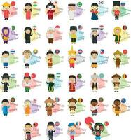 vetor ilustração conjunto do desenho animado personagens dizendo Olá e boas-vindas dentro 34 línguas falado dentro Ásia e Oceânia