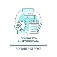 olhando às e analisando dados turquesa conceito ícone. analytics Habilidades abstrato idéia fino linha ilustração. isolado esboço desenho. editável acidente vascular encefálico vetor