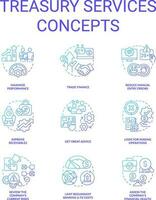 tesouraria Serviços azul gradiente conceito ícones definir. companhia desempenho. finança gestão idéia fino linha cor ilustrações. isolado símbolos vetor