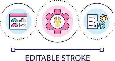 manutenção e dados analisando ciclo conceito ícone. tecnologia ao controle e reparar. gestão abstrato idéia fino linha ilustração. isolado esboço desenho. editável acidente vascular encefálico vetor