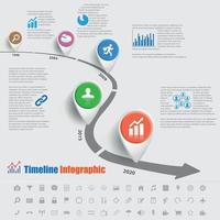 ícones de infográfico de cronograma de mapa de estrada de negócios projetados para abstrato. gráfico de apresentação de dados digitais de tecnologia de elemento de marco de modelo com elementos e um conjunto de ícones. vetor