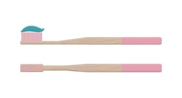 conjunto de vista lateral da escova de dentes de bambu com pasta de dentes e vista da escova de dentes de cima ilustração vetorial isolada no fundo branco vetor