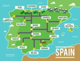 desenho animado vetor mapa do Espanha. viagem ilustração com espanhol a Principal cidades.