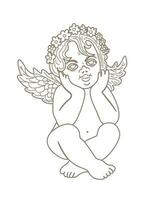 pequeno anjo com guirlanda. vetor isolado monocromático ilustração.