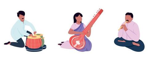 conjunto de caracteres sem rosto de vetor de músicos indianos tradicionais de cor lisa