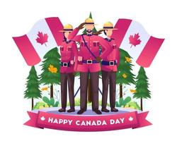 Soldados canadenses comemorando respeitosamente o dia da independência do Canadá com bandeiras nacionais no dia 1º de julho. vetor